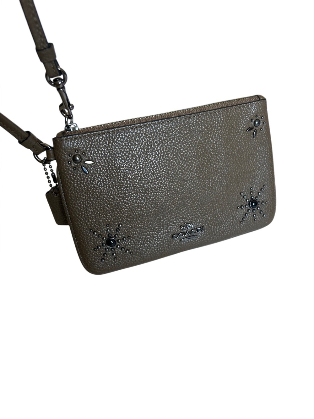 Coach Brown Pebbled Leather Wristlet with Stud Accents